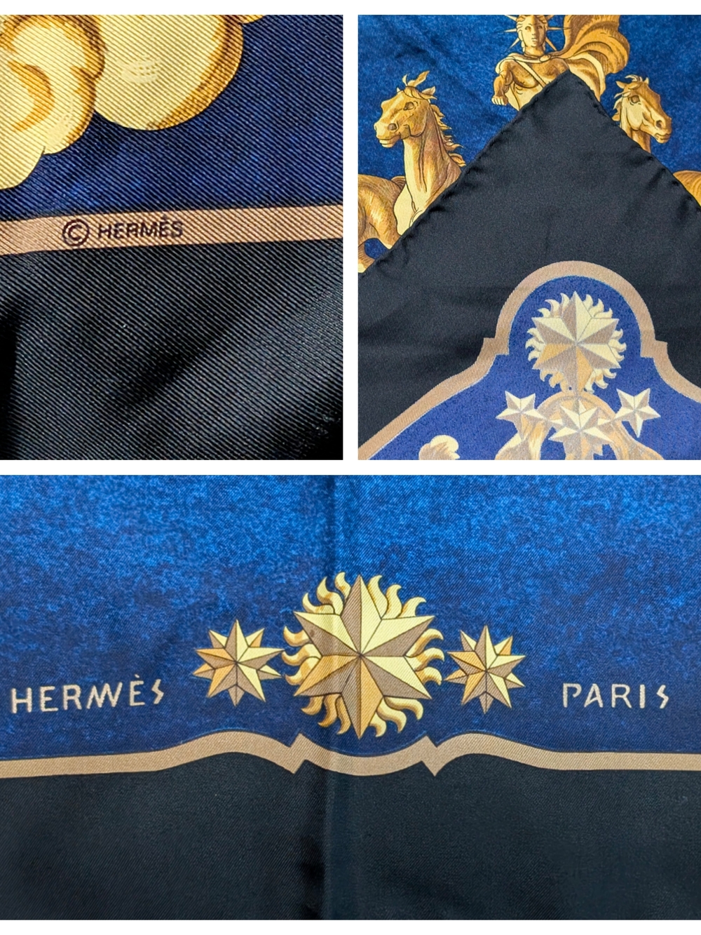 Hermès Blue & Gold Cosmos 90 Silk Scarf By Philippe Ledoux - Picture 3 of 3